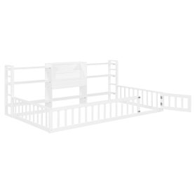 Twin Size Floor Fence Bed Frame with Bookcase and 3-Tier Storage Shelves