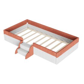 Twin Size Upholstered Floor Bed with Fence, 2-Tier Steps and Smart LED Lights
