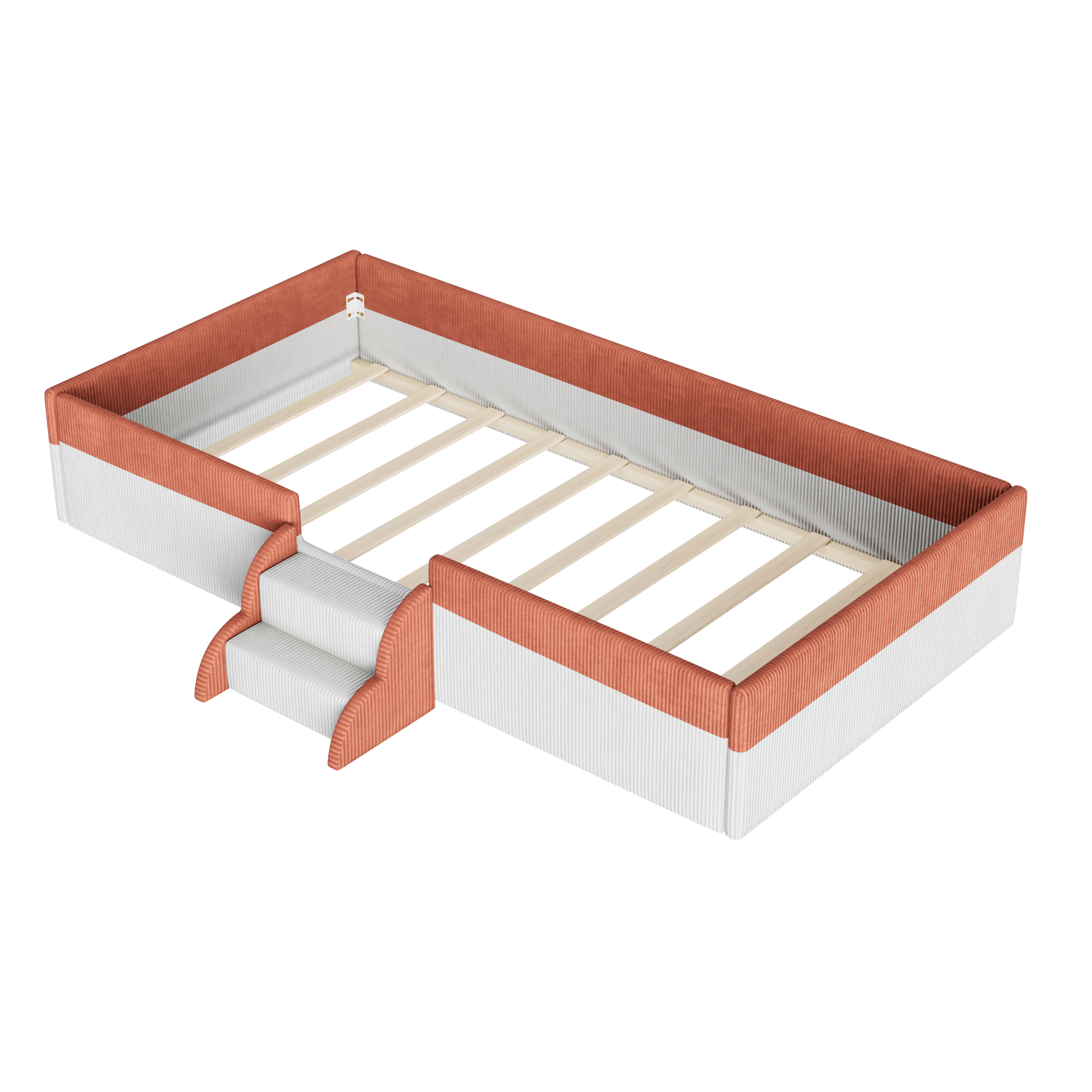 Twin Size Upholstered Floor Bed with Fence, 2-Tier Steps and Smart LED Lights