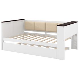 Full Size Wood Daybed with Storage Shelves, Upholstered Backrest, USB and Trundle
