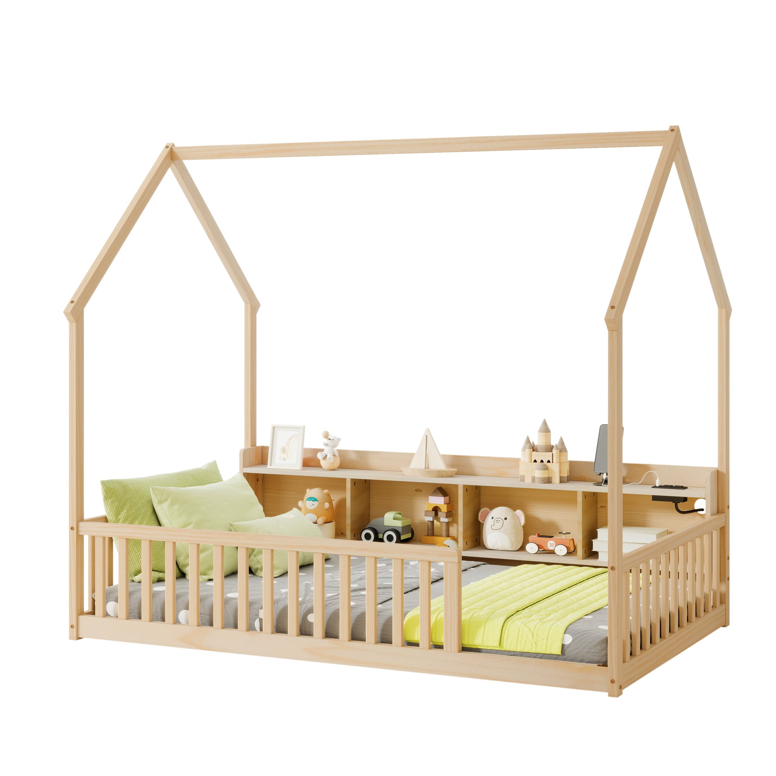 Twin House Floor Bed with Storage Shelves, Built-in LED Lights & Charging Station