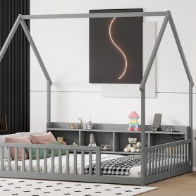 Full House Floor Bed with Storage Shelves, Built-in LED Lights & Charging Station