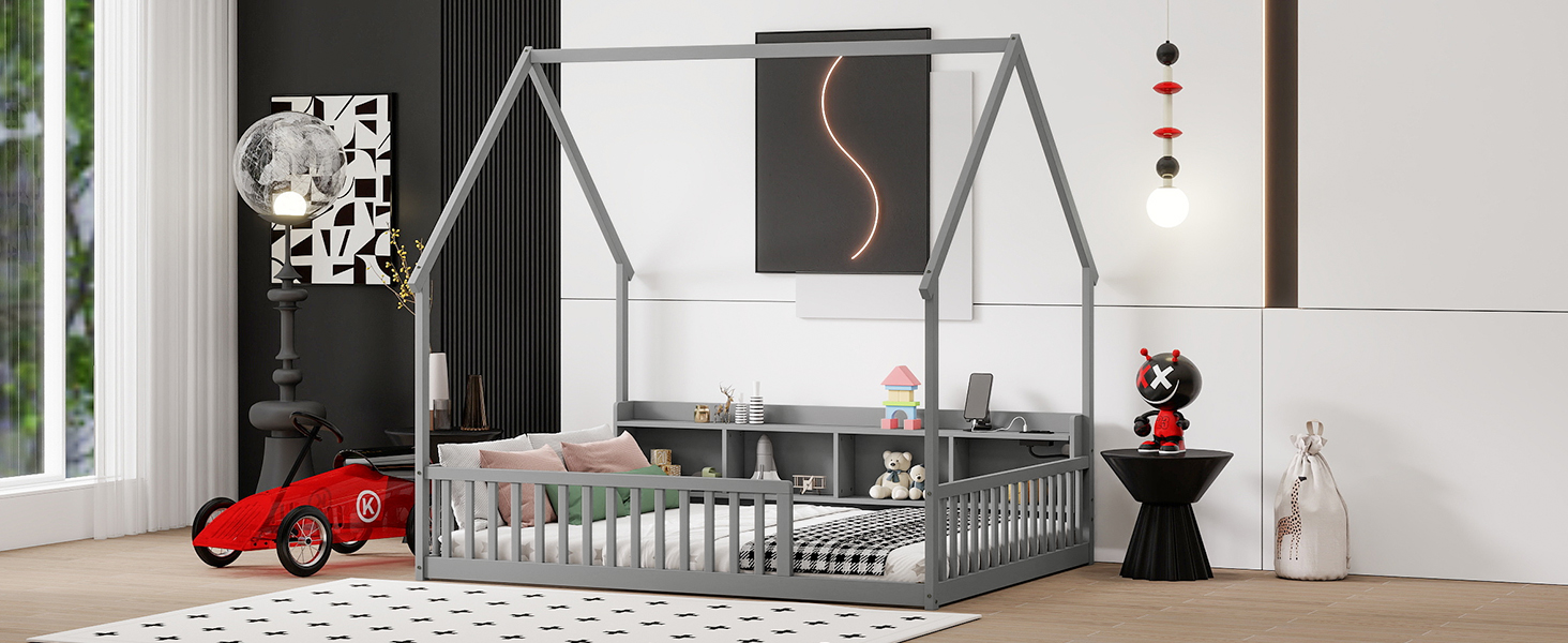 Full House Floor Bed with Storage Shelves, Built-in LED Lights & Charging Station