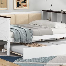 Twin Size Bunk Bed with 3 Storage Shelves, Ladder can be Changed Left or Right