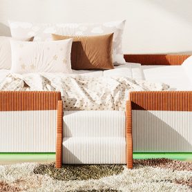 Twin Size Upholstered Floor Bed with Fence, 2-Tier Steps and Smart LED Lights