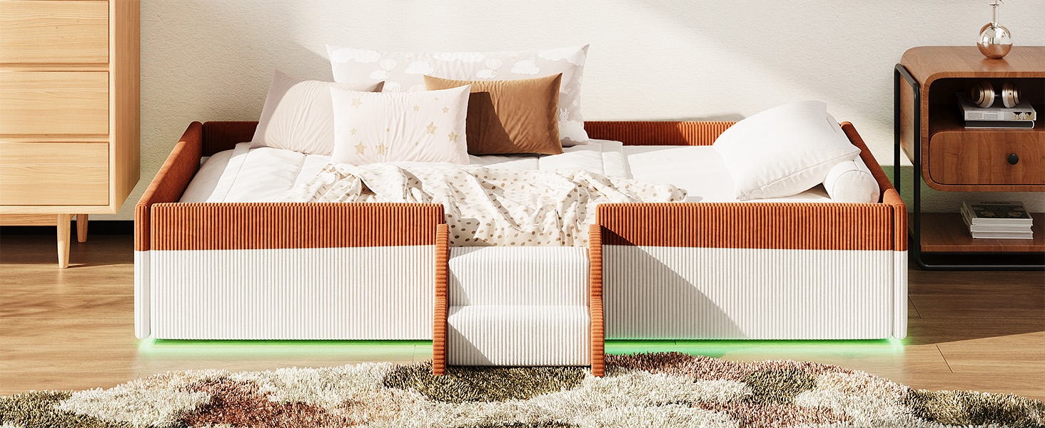 Twin Size Upholstered Floor Bed with Fence, 2-Tier Steps and Smart LED Lights