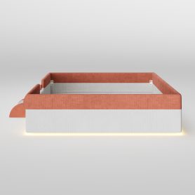 Full Size Upholstered Floor Bed with Fence, 2-Tier Steps and Smart LED Lights
