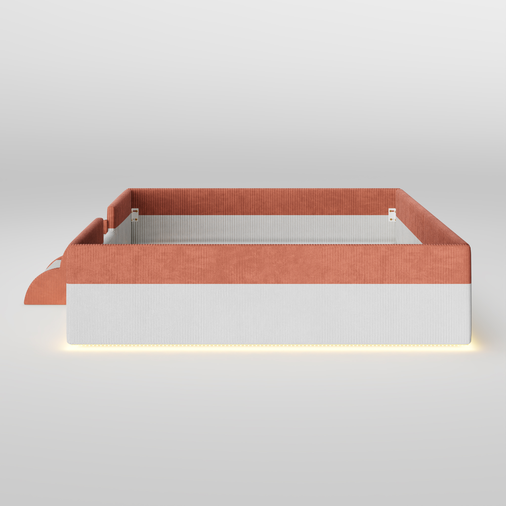 Full Size Upholstered Floor Bed with Fence, 2-Tier Steps and Smart LED Lights
