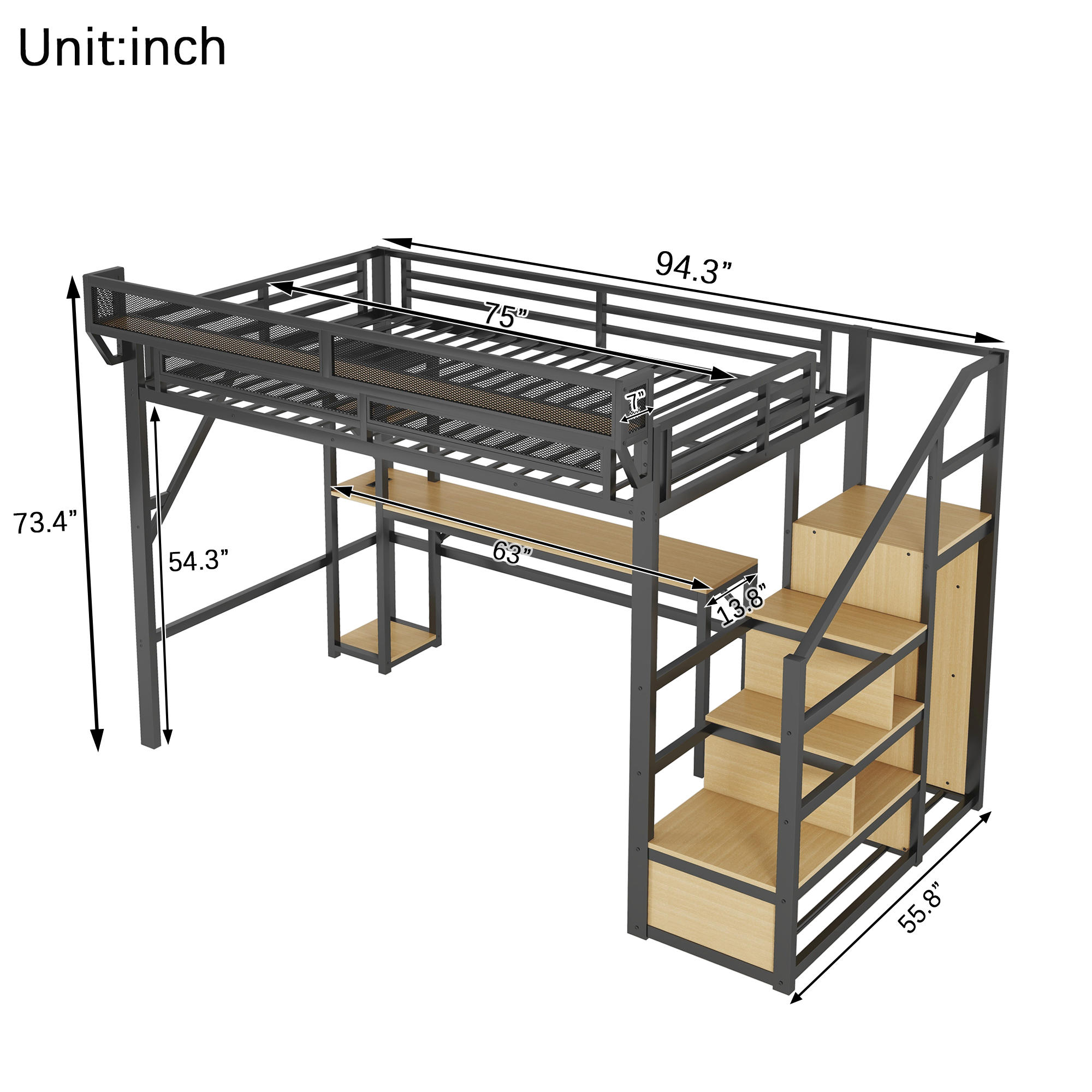 Metal Loft Bed with Stairs, Wardrobe, Charging Station, and LED Lighting