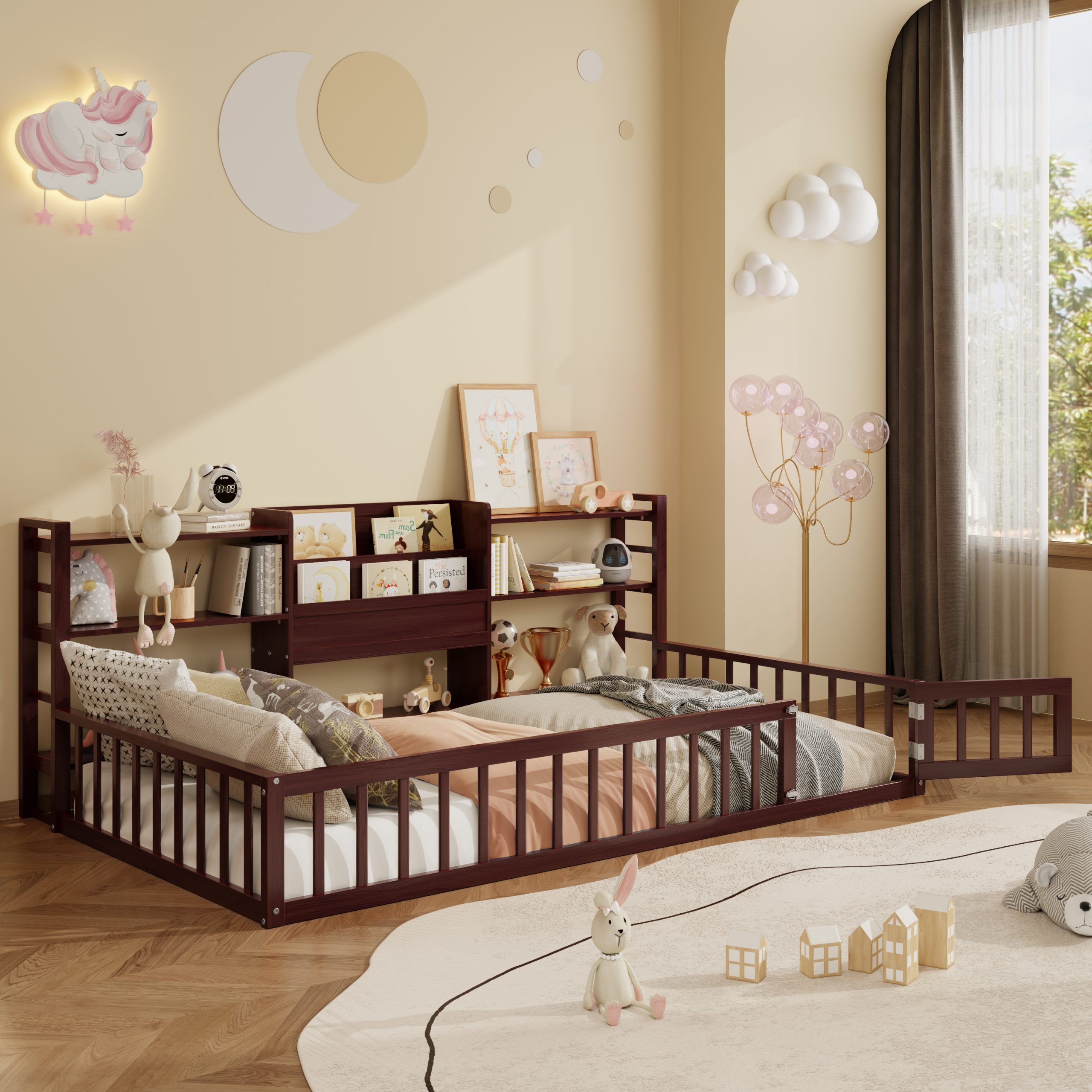 Twin Size Floor Fence Bed Frame with Bookcase and 3-Tier Storage Shelves