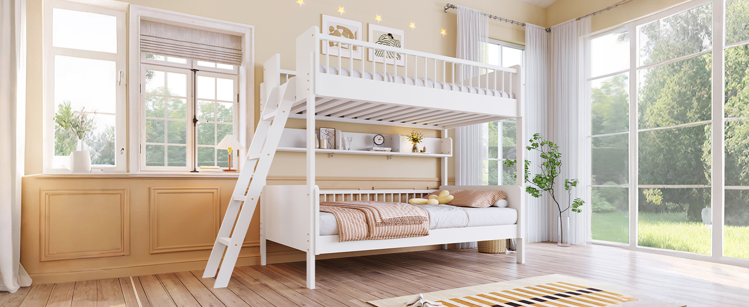 Twin Size Wooden Bunk Bed with 3 Storage Shelves, Ladder can be Changed Left or Right