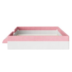 Queen Size Upholstered Floor Bed with Fence, 2-Tier Steps and Smart LED Lights