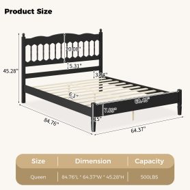Countryside Style Queen Size Wooden Bed Frame with Spindle Headboard