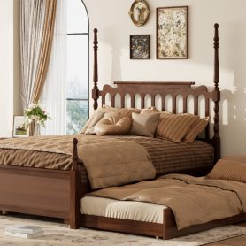 Queen Size Platform Bed Frame with Twin XL Trundle and 2 Storage Drawers