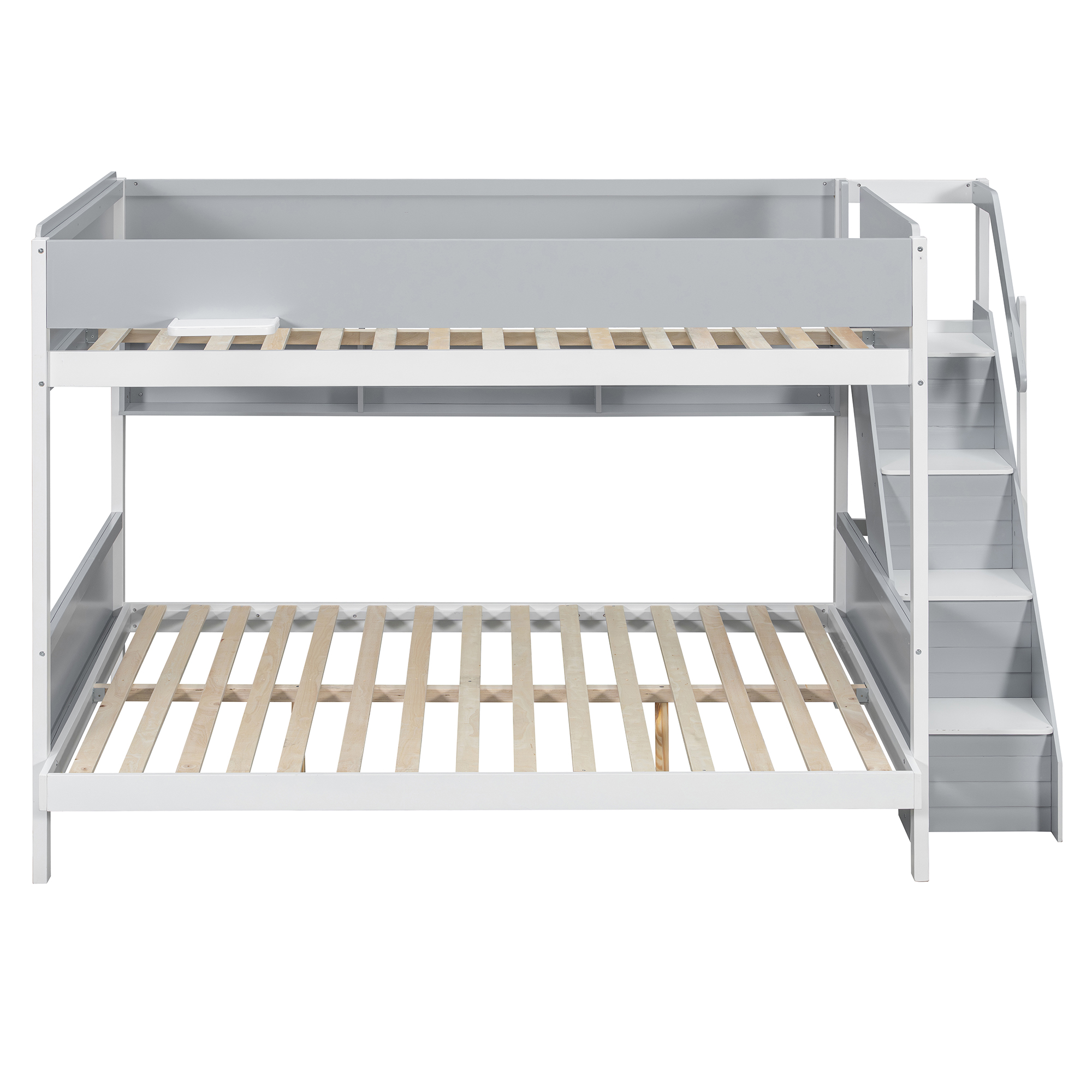 Full XL over Queen Bunk Bed with Striped-Design Staircase and Side Shelves
