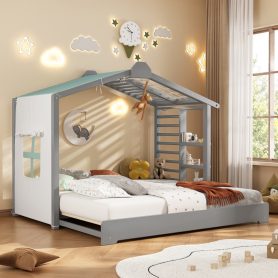 Twin Size House Bed with Twin Size Trundle and Side Shelves