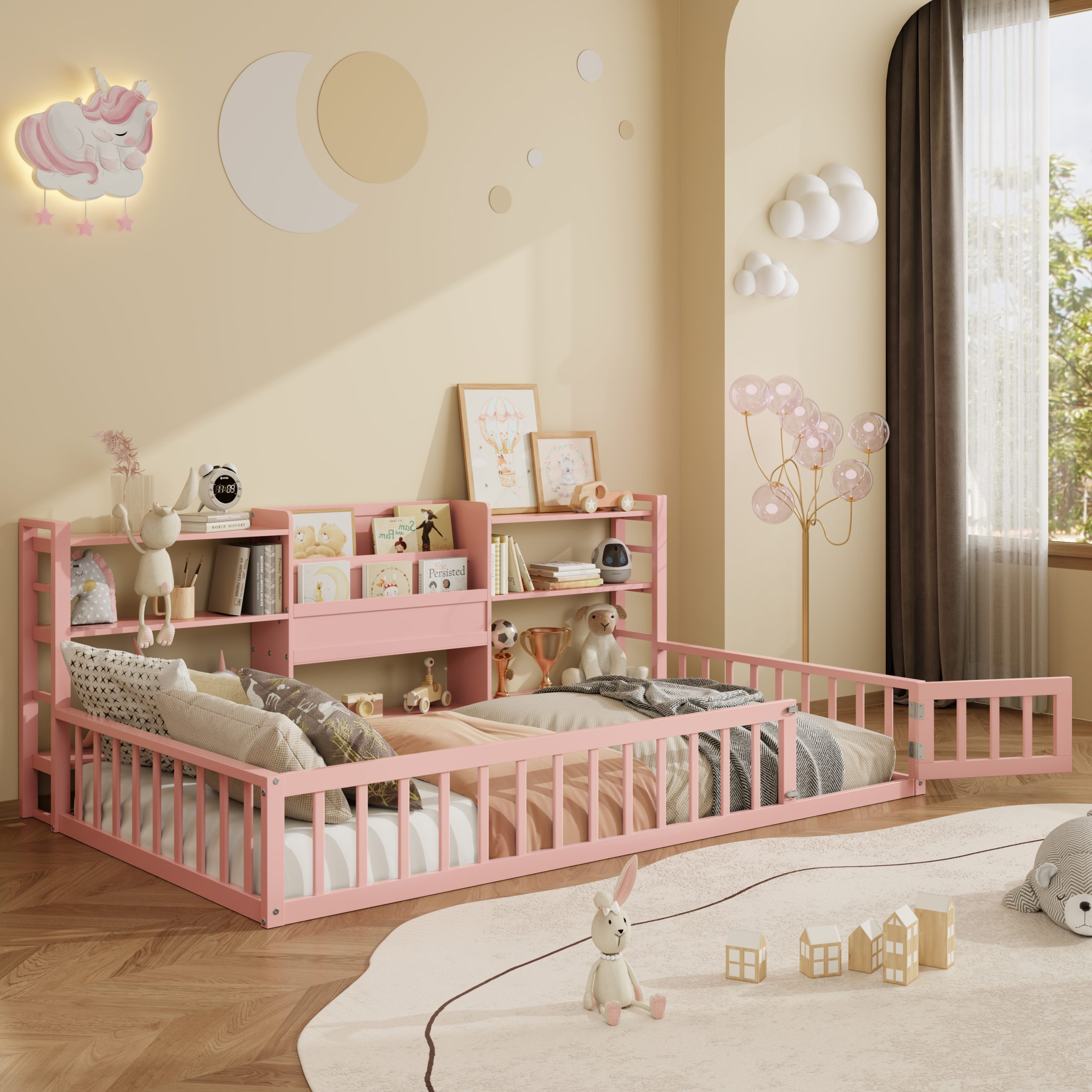 Twin Size Floor Fence Bed Frame with Bookcase and 3-Tier Storage Shelves