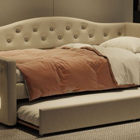 Upholstered Twin XL Size Daybed with LED Belt and Trundle