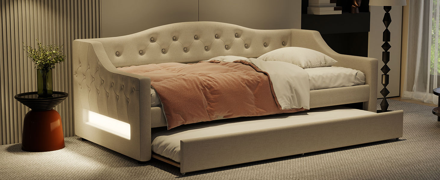 Upholstered Twin XL Size Daybed with LED Belt and Trundle