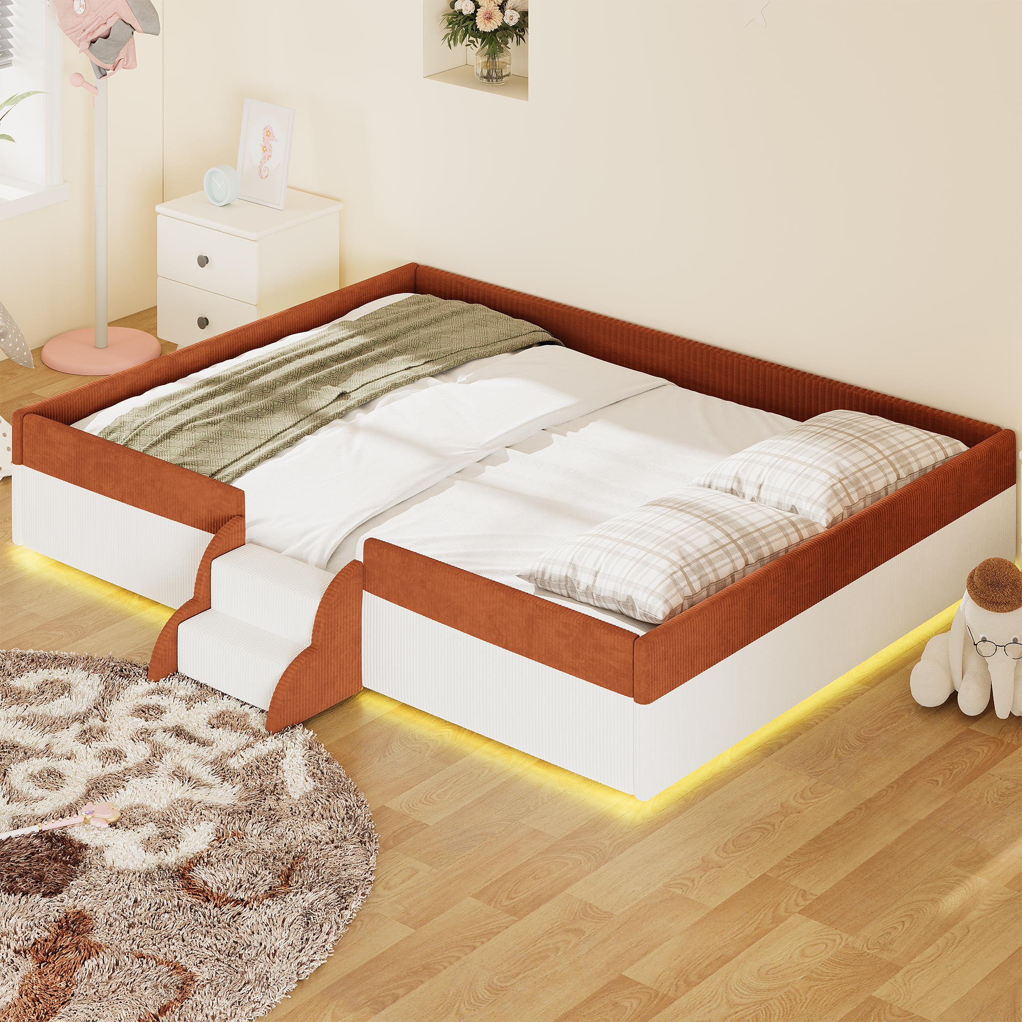 Queen Size Upholstered Floor Bed with Fence, 2-Tier Steps and Smart LED Lights