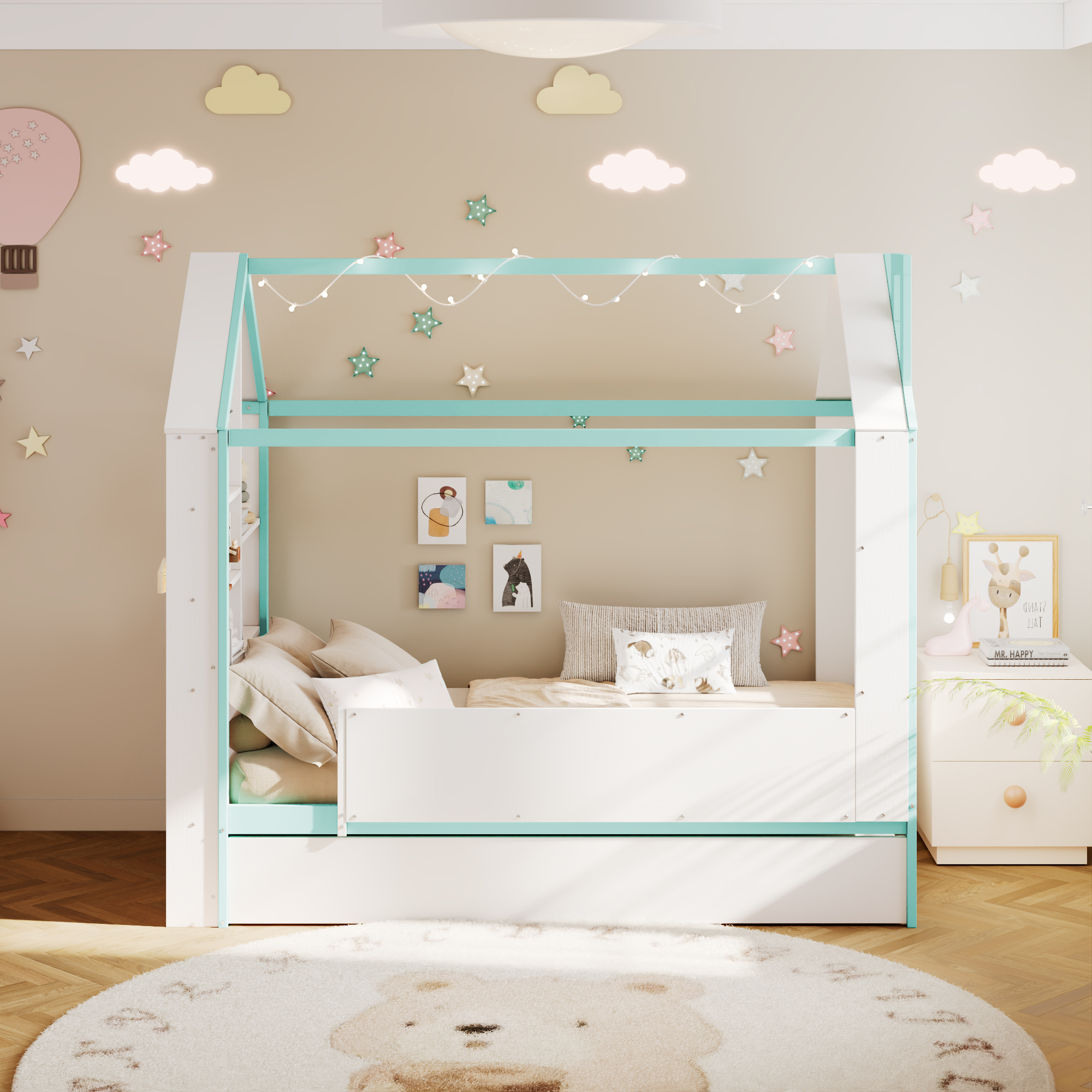 Twin Size House Bed Frame with Pull-Out Trundle, Tail End Storage Shelves and Cool White LED Lights