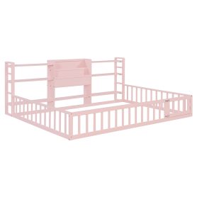 Full Size Floor Fence Bed Frame with Bookcase and 3-Tier Storage Shelves