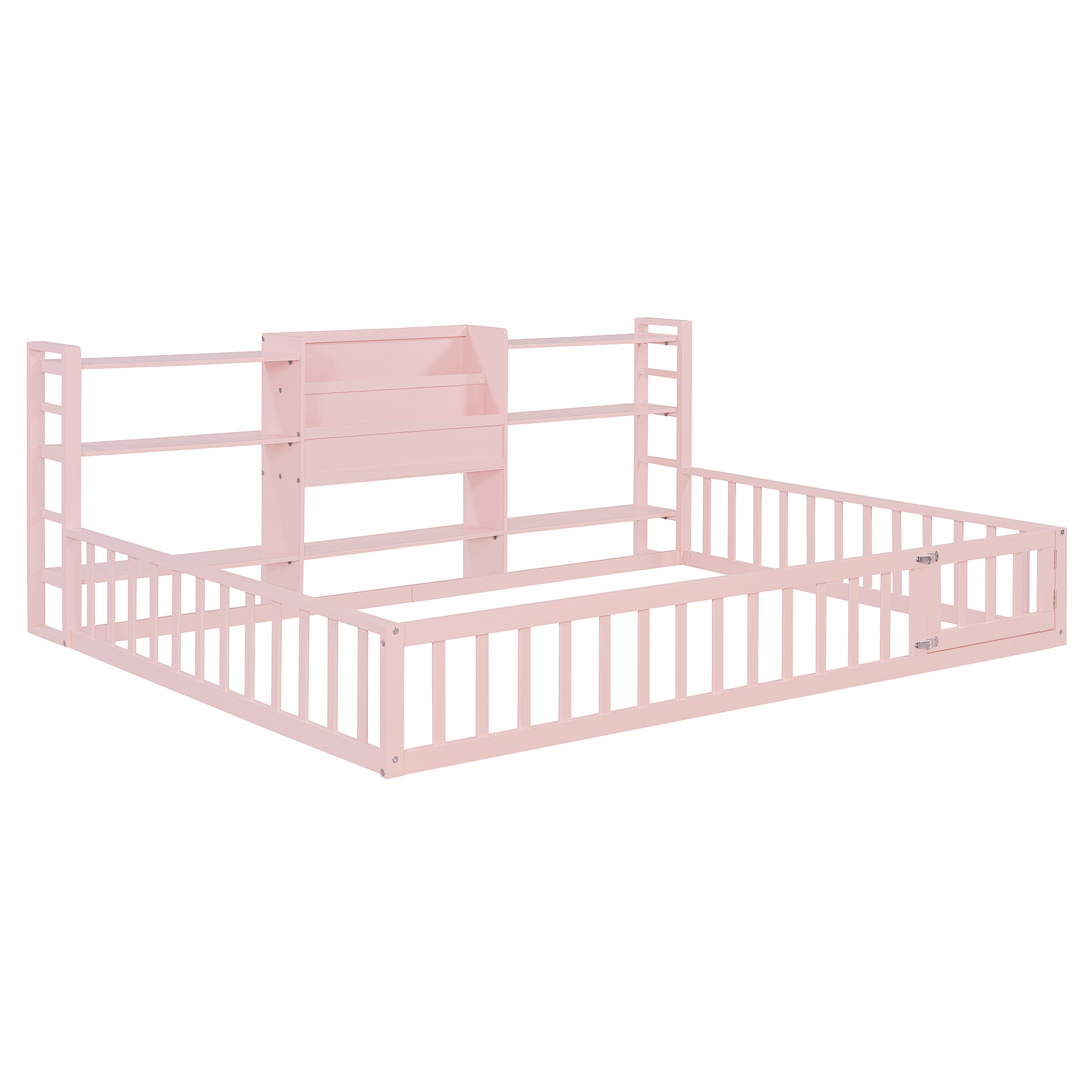 Full Size Floor Fence Bed Frame with Bookcase and 3-Tier Storage Shelves