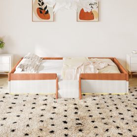 Full Size Upholstered Floor Bed with Fence, 2-Tier Steps and Smart LED Lights