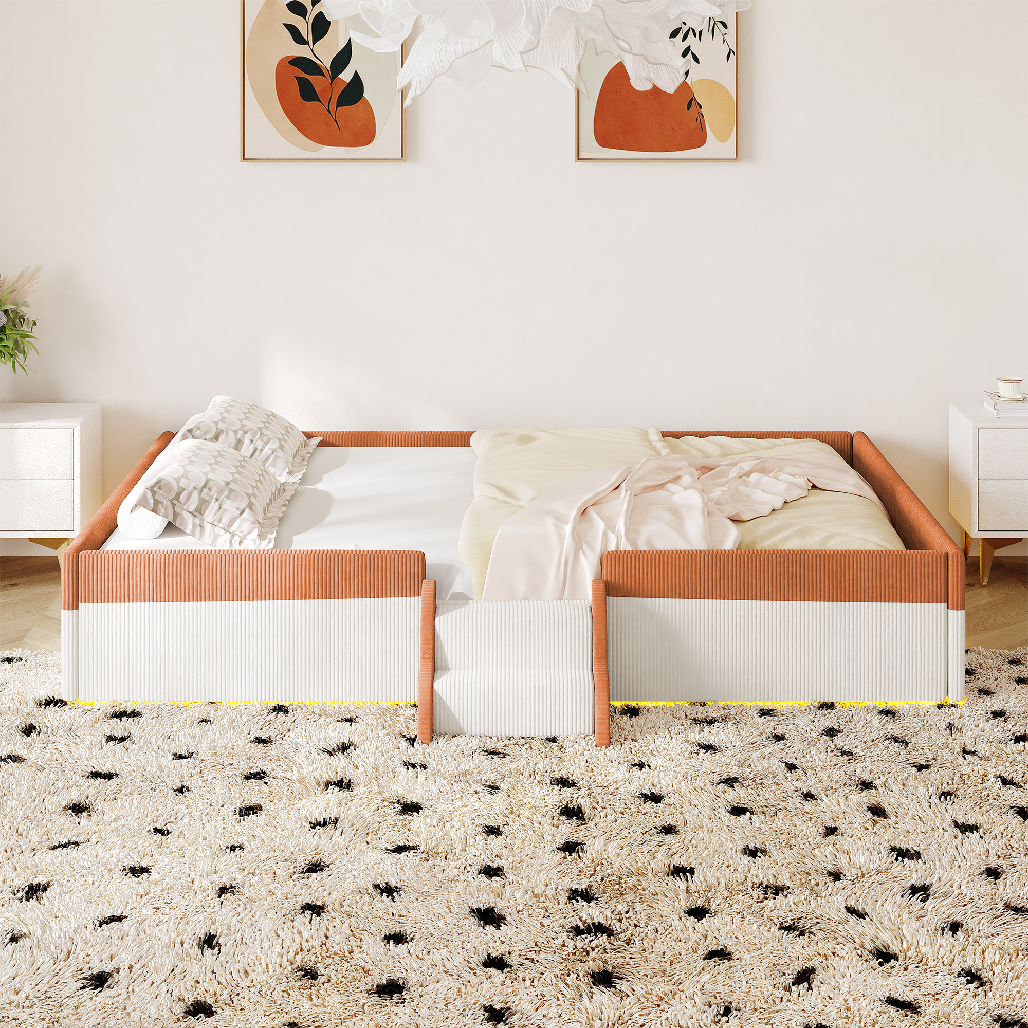 Full Size Upholstered Floor Bed with Fence, 2-Tier Steps and Smart LED Lights