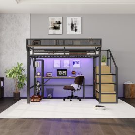 Metal Loft Bed with Stairs, Wardrobe, Charging Station, and LED Lighting