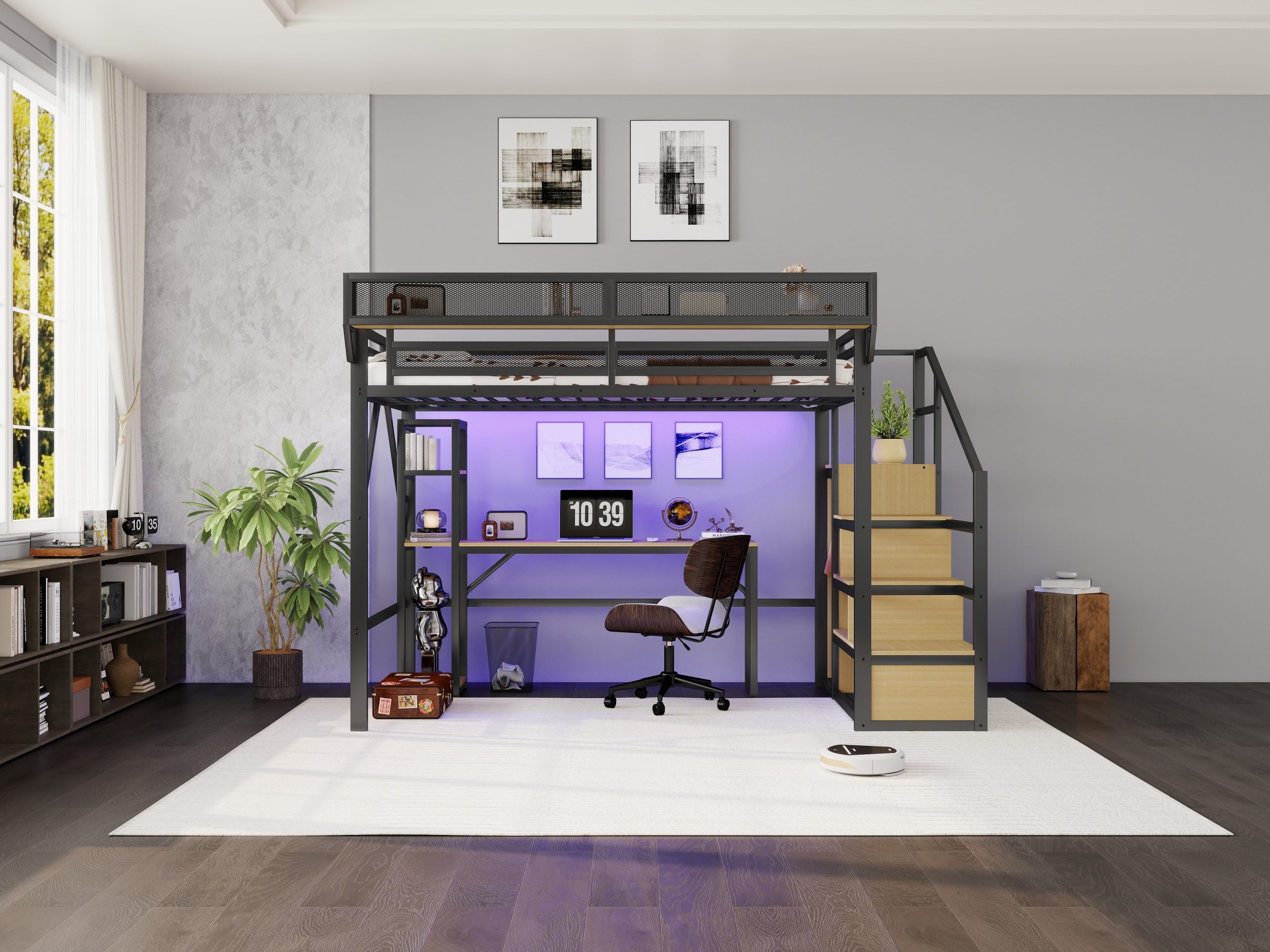Metal Loft Bed with Stairs, Wardrobe, Charging Station, and LED Lighting
