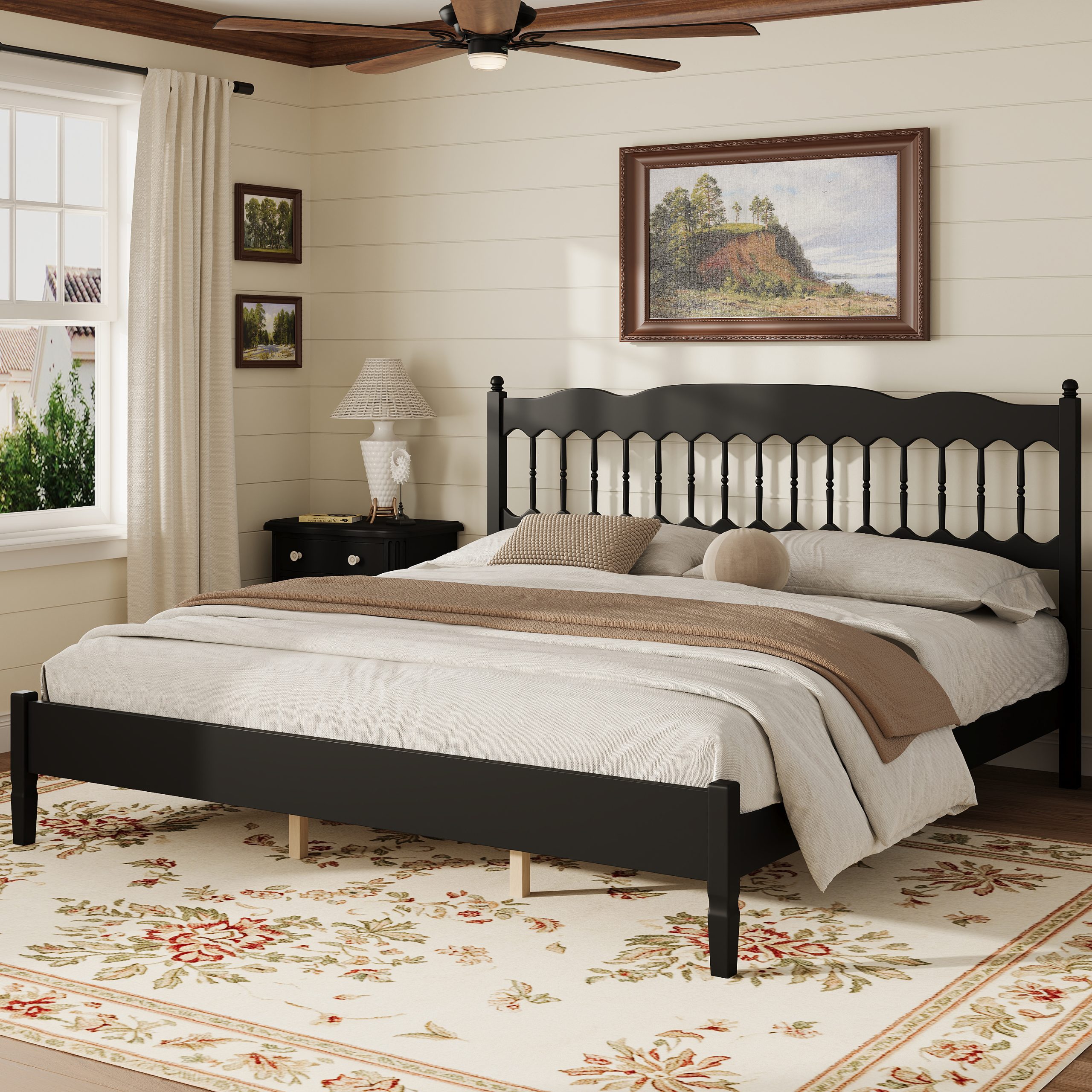 Countryside Style King Size Wooden Bed Frame With Spindle Headboard