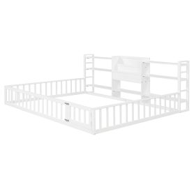 Queen Size Floor Fence Bed Frame with Bookcase and 3-Tier Storage Shelves
