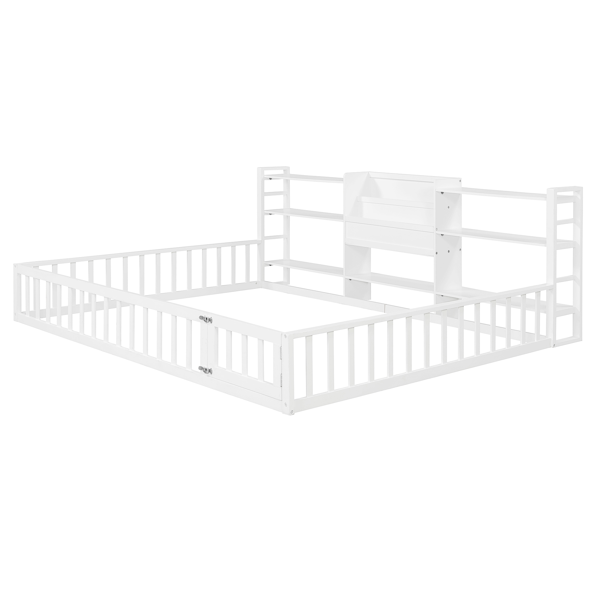 Queen Size Floor Fence Bed Frame with Bookcase and 3-Tier Storage Shelves