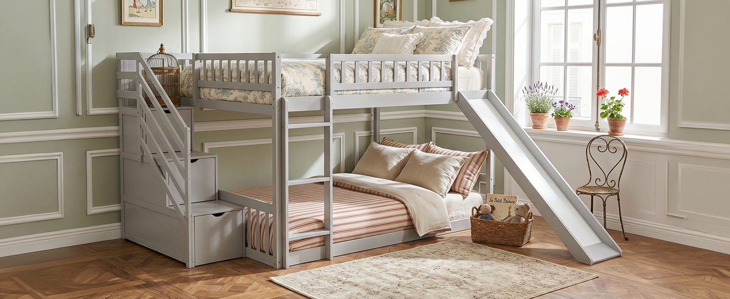 Stairway Full Over Full Bunk Bed With Three Drawers And Slide