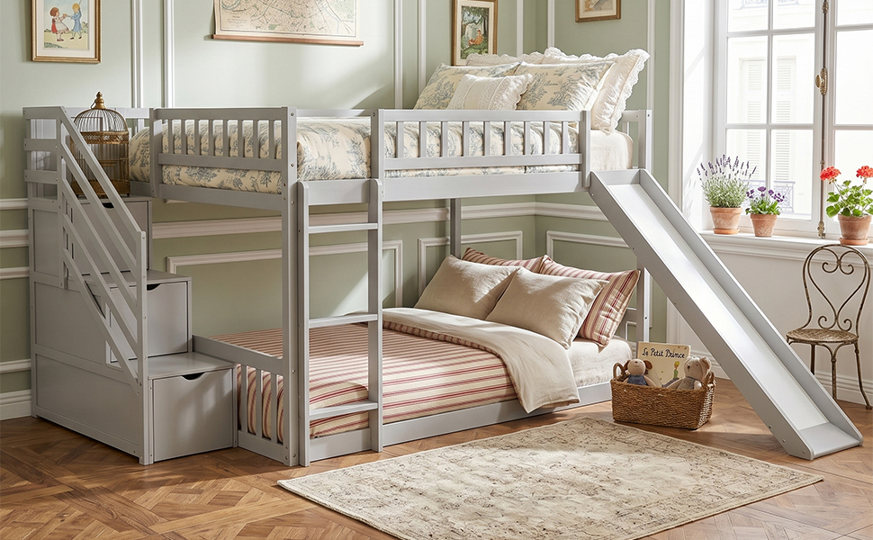 Stairway Full Over Full Bunk Bed With Three Drawers And Slide