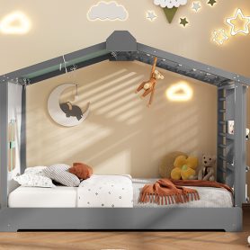 Twin Size House Bed with Twin Size Trundle and Side Shelves