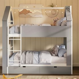 Full Size Bunk Bed with Storage Drawers, Shelves and Light Strip