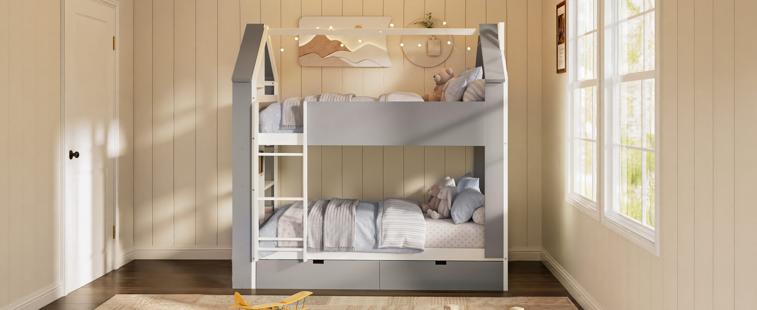 Full Size Bunk Bed with Storage Drawers, Shelves and Light Strip
