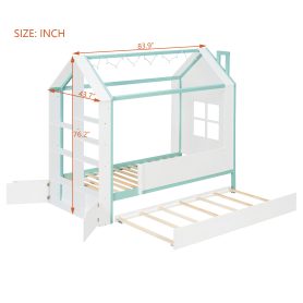 Twin Size House Bed Frame with Pull-Out Trundle, Tail End Storage Shelves and Cool White LED Lights