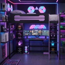 Full-Size Wooden Gaming Loft Bed with Desk and Storage, RGB LED Light, USB Charging Station