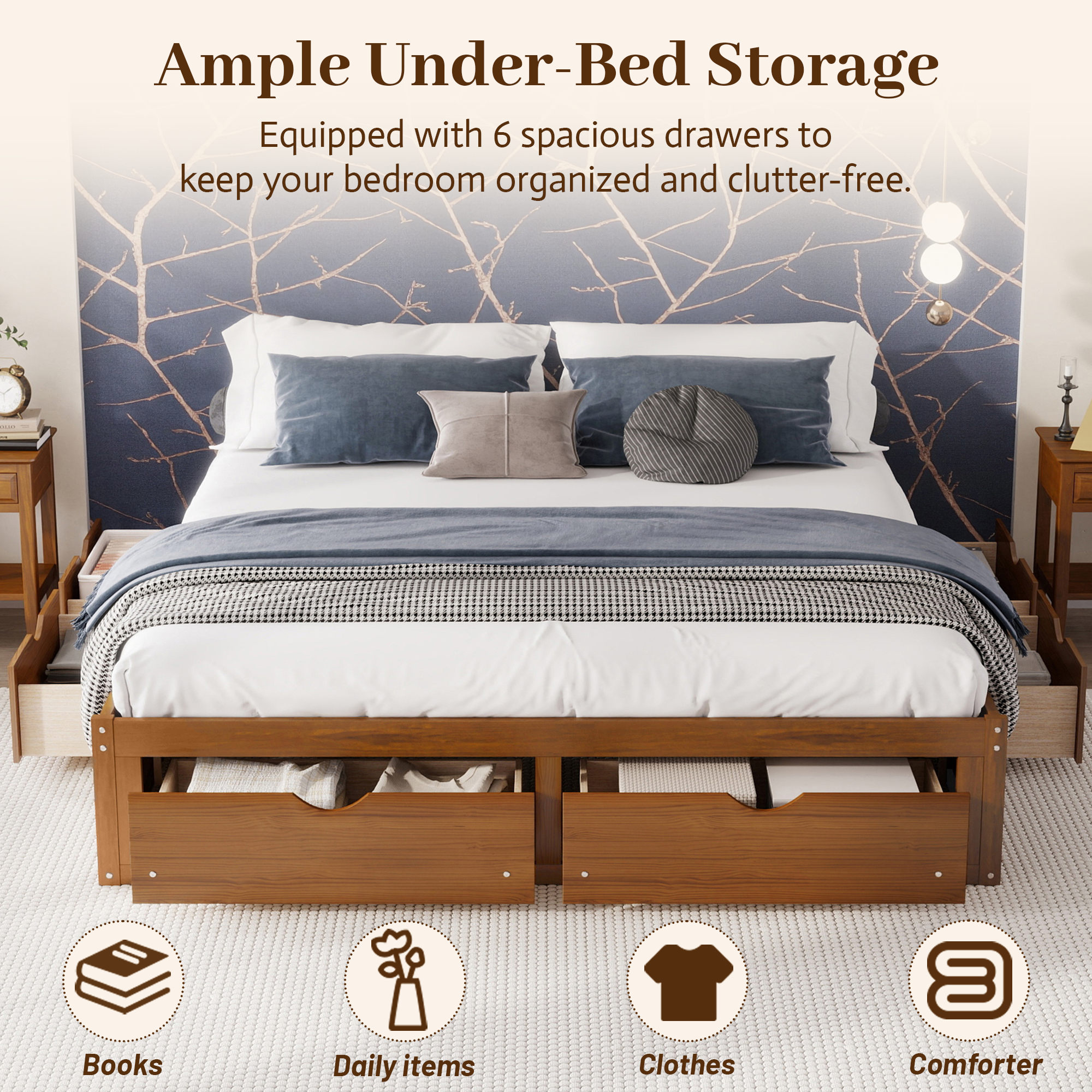 King Size Platform Bed with 6 Storage Drawers