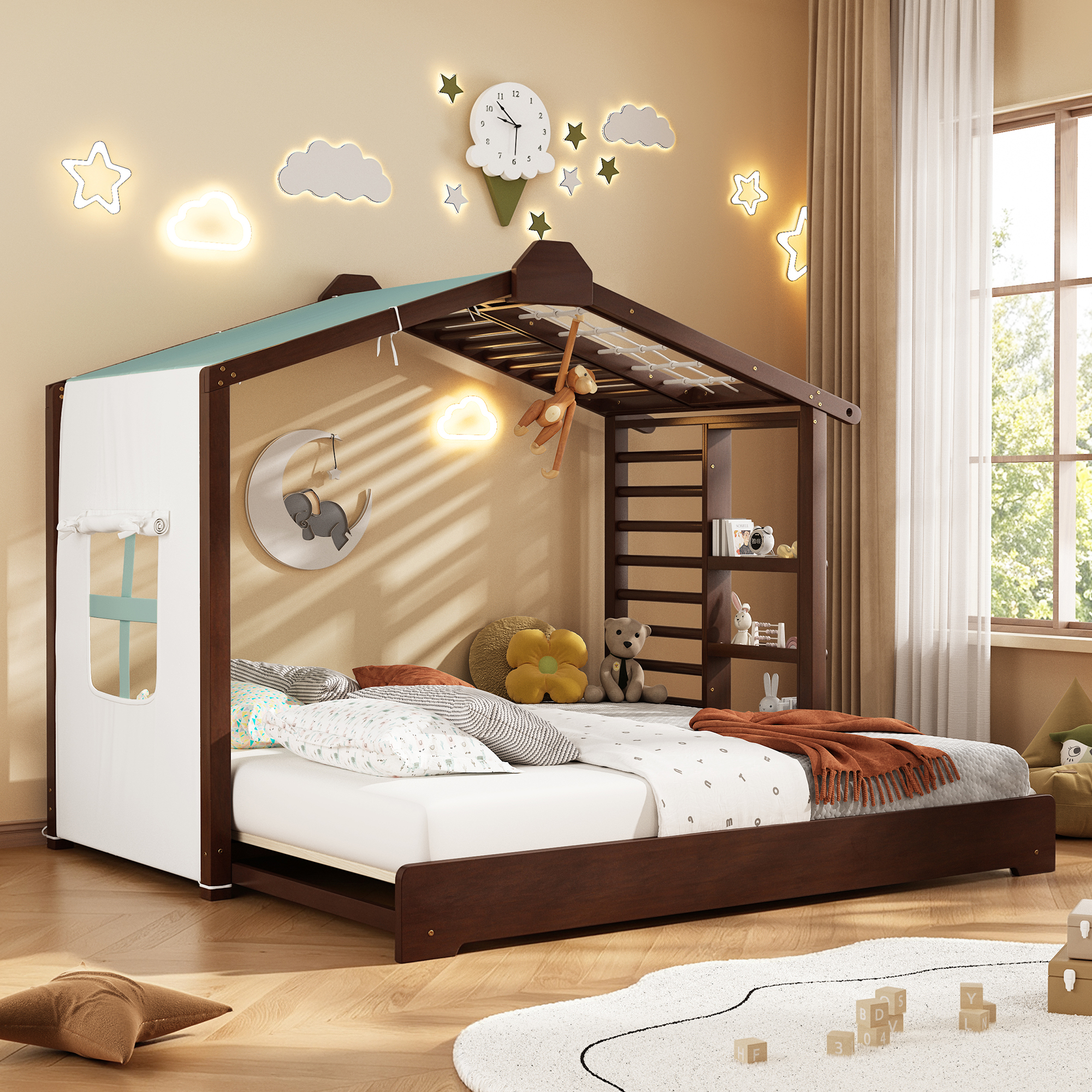 Twin Size House Bed with Twin Size Trundle and Side Shelves