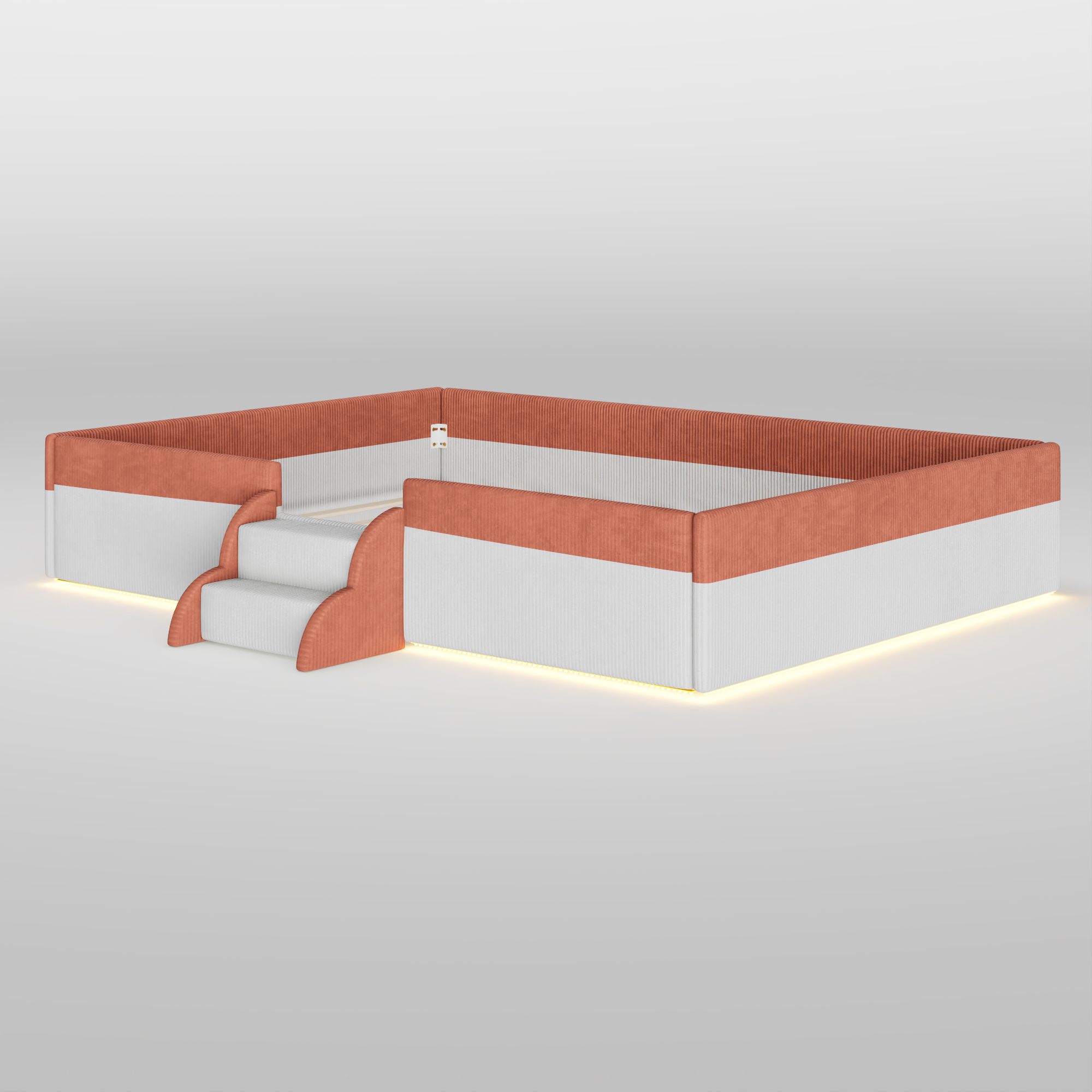 Full Size Upholstered Floor Bed with Fence, 2-Tier Steps and Smart LED Lights
