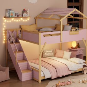 Full over Full House Bunk Bed with Stairs and 3-Color LED Lights