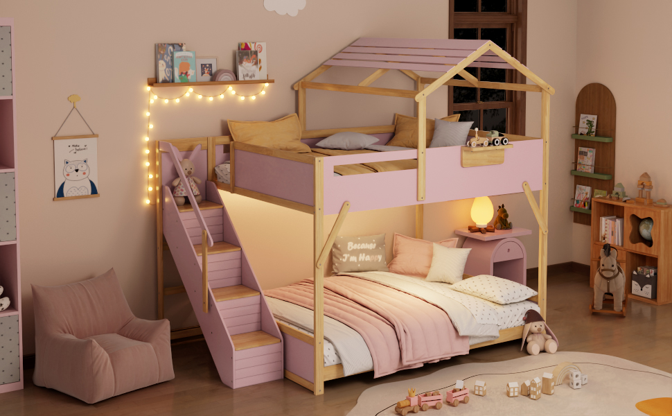 Full over Full House Bunk Bed with Stairs and 3-Color LED Lights