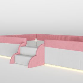 Queen Size Upholstered Floor Bed with Fence, 2-Tier Steps and Smart LED Lights