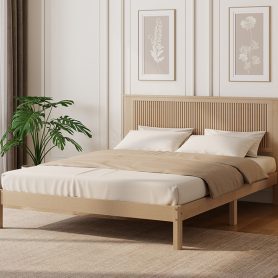Queen Size Solid Rubber Wood Bed with Wave-Styled Headboard