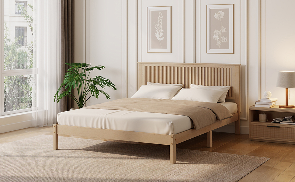Queen Size Solid Rubber Wood Bed with Wave-Styled Headboard