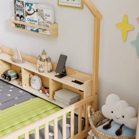 Twin House Floor Bed with Storage Shelves, Built-in LED Lights & Charging Station
